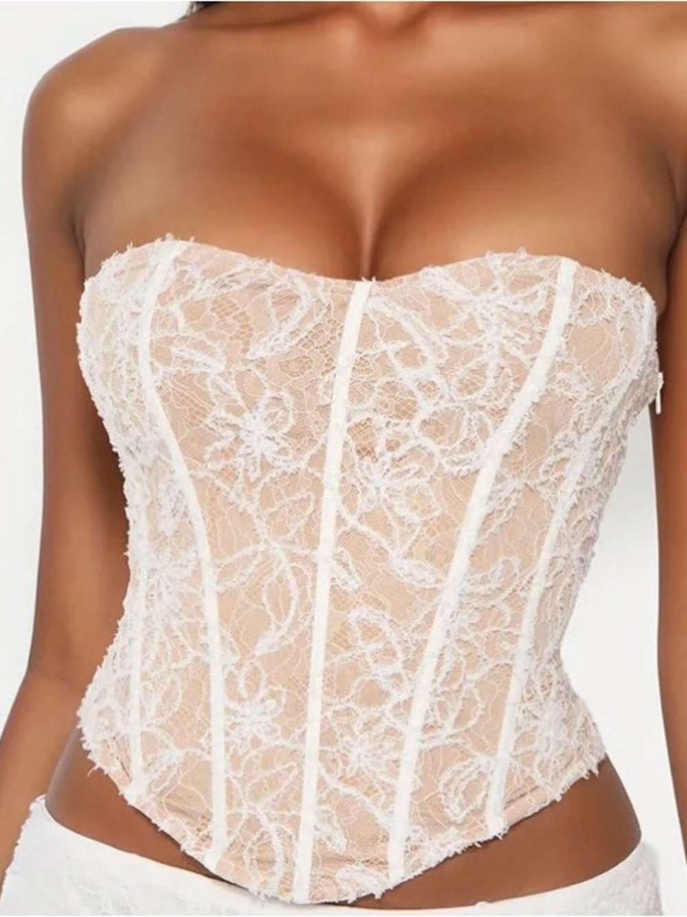 Strapless Lace Corset Bustier in Nude and White